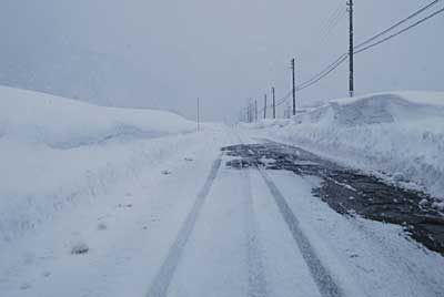 昨日の吹雪で道路の（右側）雪庇が結構出ていました。