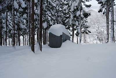 ユンボ小屋もかなり雪に埋まっていました。