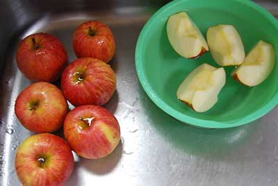 リンゴをきれいに水洗いしてから薄めの塩水にさっと浸けてから乾燥機にかけます。