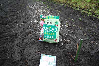 化成肥料を少々撒いてから種まきしました。