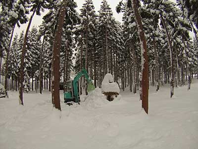 午後から短期用の雪室に ユンボで雪を入れてきました。