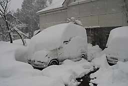 ご近所さんの車の雪が凄いことになっています