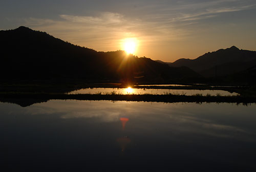 田植え前の田んぼに映った絶景の夕陽。
