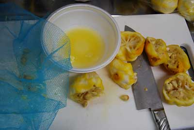 皮をむいた柚子は半分に割ってアミで果汁を搾ってピールの材料にします。