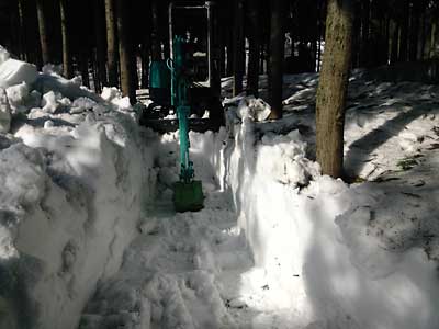 行者ニンニク畑の雪をユンボで除雪しました。